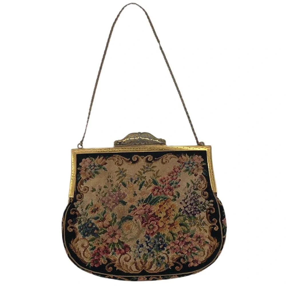 Antique Jolles Austria Purse Petit Point Floral Tapestry 1930s Orig Label